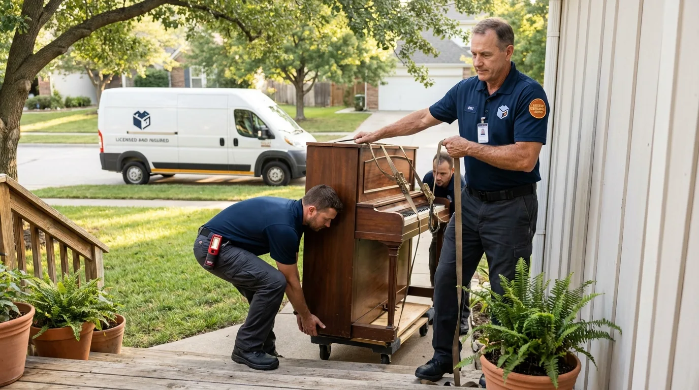 Licensed piano movers securing grand piano in Boqueron, PR